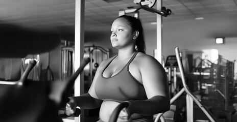 Plus size woman lifting dumbbells and training indoors at the gym, showcasing strength and determination. Generated image
