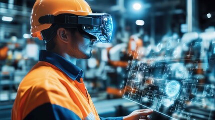 Industrial worker uses VR headset for augmented reality