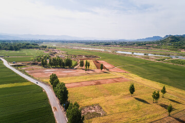 Aerial View of Rural Landscape with Road and Fields
