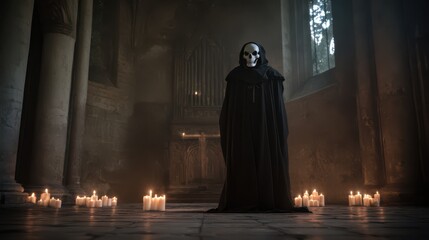 Naklejka premium A grim reaper in a black cape with a skull-faced mask standing inside a dark, medieval Gothic church