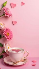 Fototapeta premium Pastel pink background flatlay Love themed gift, floral arrangement, tea , spring, romance, surprise