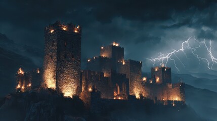 Fototapeta premium A medieval castle in the middle of nowhere, illuminated by torches and a lightning-filled sky background