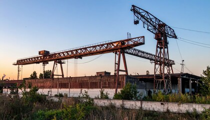Derelict Cold Storage Facility with Overhead Cranes at Dawn Light