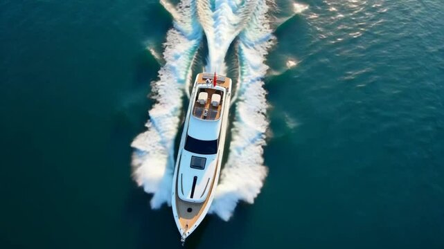 Aerial - Top down view of catching luxury motor boat racing on the water Large luxury yacht floats in the sea port on a background of blue water top view aerial view on sunset. Travel Summer Vacation