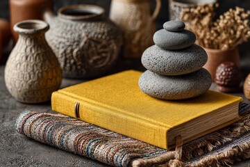 A spa stone is placed on an orange book on a table inside the spa room.