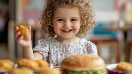Child enjoying tasty fast food meal restaurant setting portrait indoor joyful experience