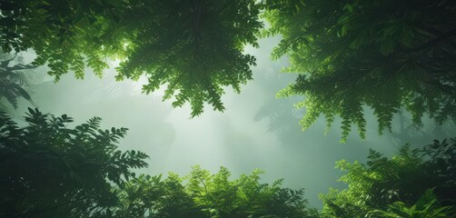 Deep emerald green, hazy, indistinct leafy canopy overhead,  illustration,  verdant,  nature