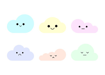 Set of clouds in pastel colors.Cloud bubbles collection with different emotions isolated on transparent background.Cute cartoon face vector graphic illustration.