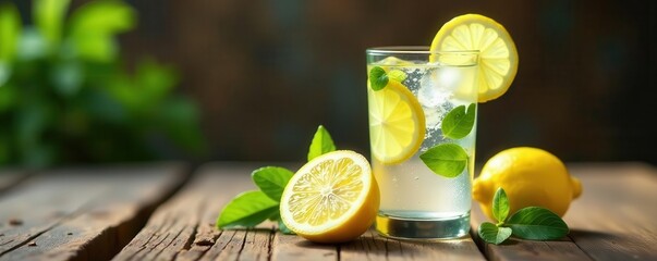 Fototapeta premium Refreshing soda water with lemon slices on rustic wood , rustic, image, citrus