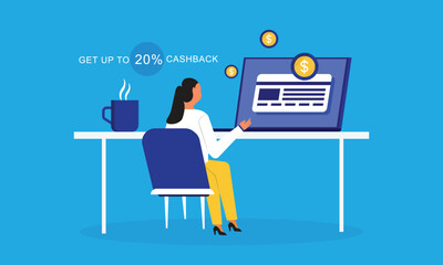 Happy smiling woman sitting with laptop and taking a bank card to get cashback