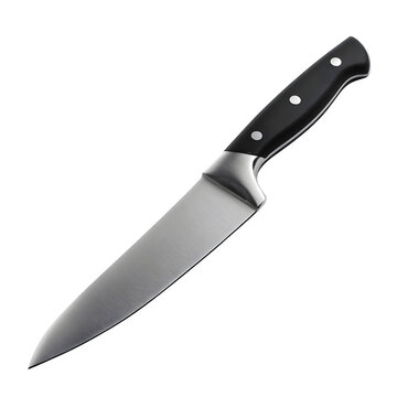 Stainless steel kitchen knife with black handle, angled view, isolated on white background