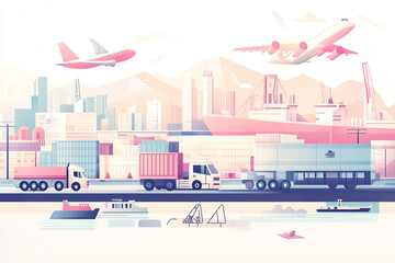 Global Logistics Hub with Cargo Ship, Cranes, and Airplane for International Shipping and Freight Transport