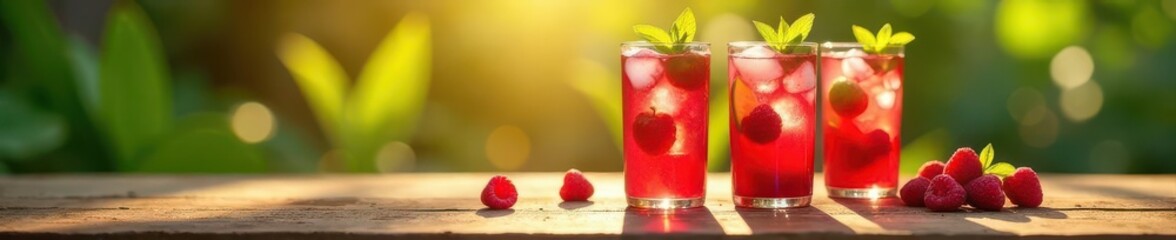 Several raspberry mojito jars, sunlight on wooden table, closeup, bright