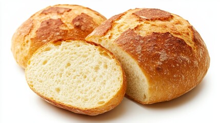Two artisan loaves of crusty bread, one sliced, on white background.