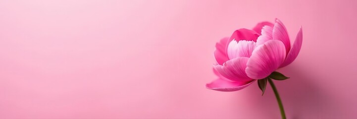 Single, fully opened pink peony flower against pale pink backdrop Perfect for greeting cards , copy space, flat lay, summer