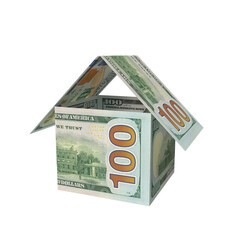 Transparent PNG 3D render of Home Shape 100 dollar banknotes with realistic textures and lighting. Isolated on alpha background, ideal for finance, design, marketing, and visual presentations.