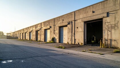 Derelict Warehouse with Loading Docks in Soft Morning Light