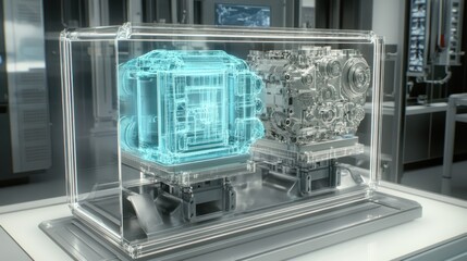 Engineering Digital Twin & Gearbox. Factory background. Automotive design