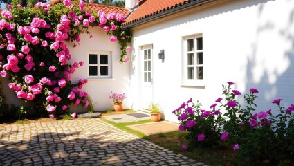 Cute white cottage with pink roses and cobblestone pathway