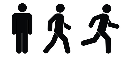 Set of black vector pictograms of a person in motion standing, walking, and running. Flat minimal design, isolated on white background.