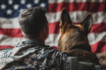 Back of american military man with service german shepherd on the background of the US flag, veterans day