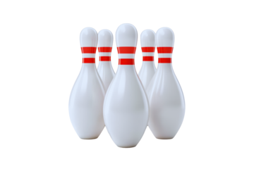 Five White Bowling Pins with Red Stripes Ready for Action a Close Up Shot