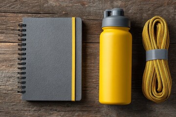 Flat lay of fitness planner, resistance bands, and water bottle on wooden surface.