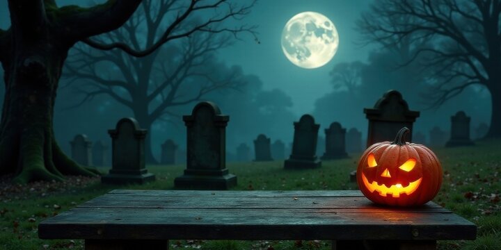 Spooky autumn night scene with illuminated jack-o'-lantern on rustic wooden table in a graveyard under a full moon