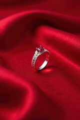 Red silk cloth with platinum and ruby ring centerpieces, formal occasion, red dress