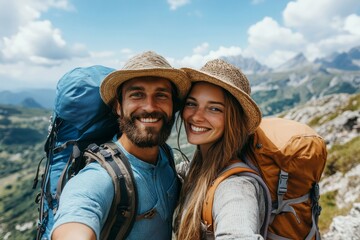 Selfie photo of happy smiling cute couple wanderers during traveling together at beautiful destination in the mountains made with Generative AI