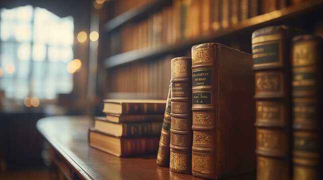 Timeless Knowledge: Old Books on Wooden Shelves, a Quiet Library Ambiance
