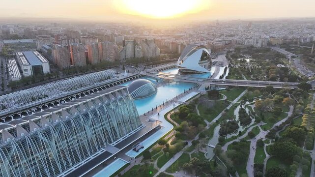Sunset Sciences Museum At Valencia Comunidad Valenciana Spain. Capturing The Hustle And Bustle Of A Vibrant City From Above. Building Illumination Urban. Town Outdoor Panoramic City.