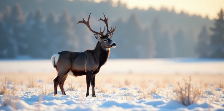 Regal large mule deer buck in snow-covered field, white deer, mule deer