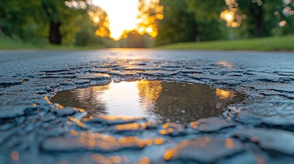 Fototapeta premium Puddle on cracked asphalt road at sunset