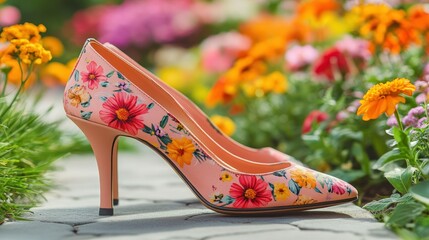 Floral high heels amidst vibrant flowers