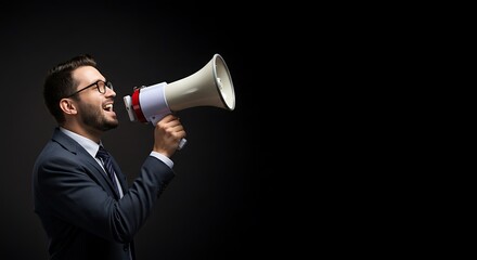 Professional Man Shouting into Megaphone on Black Background for Announcement or Promotion
