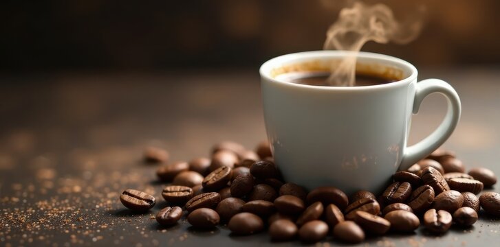 Rich aromatic coffee flows from a white cup, with roasted beans spilling onto the surface , cafe, java