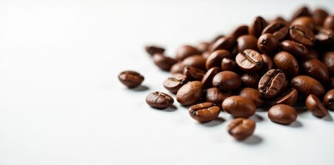 Naklejka premium Rich coffee beans scattered on a pristine white surface, texture, ground