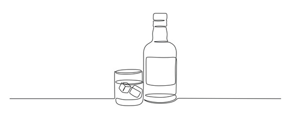 Glass and bottle of whiskey in one continuous line drawing. Whisky and liquor with ice cubes for alcohol drink menu in simple linear style. Editable stroke. Oneline vector illustration