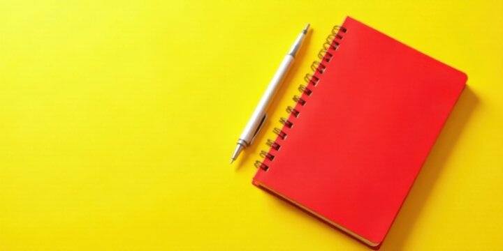 A vibrant red spiral notebook and a silver pen rest on a sunny yellow background, ready for ideas and notes.