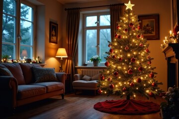Richly decorated Christmas tree with sparkling lights and ornaments in a warm and inviting living room setting, Cozy atmosphere, Twinkling lights