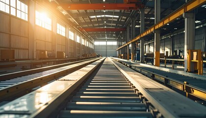Cargo Warehouse with Conveyor Belts Under Harsh Midday Sunlight