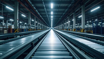 Fototapeta premium Dimly Lit Warehouse Interior with Conveyor Belts Under Fluorescent Lights