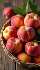 Ripe peaches in a basket with a woven texture background, wicker, woven
