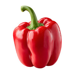 Red bell pepper with stem, glossy surface, isolated on white background