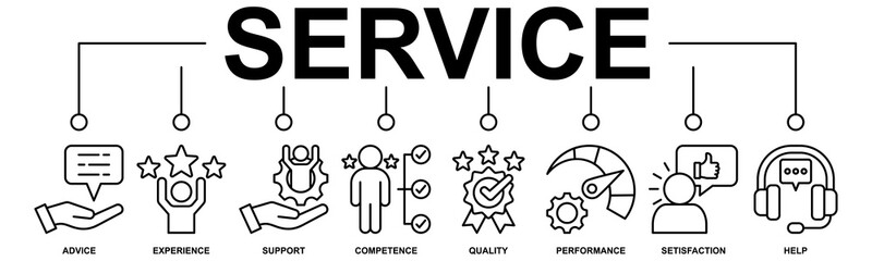 Fototapeta premium Service banner web icon vector illustration concept for customer and technical support with icon of advice, experience, support, competence, quality, performance, satisfaction, help, and call center