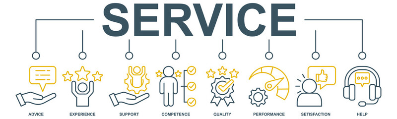 Service banner web icon vector illustration concept for customer and technical support with icon of advice, experience, support, competence, quality, performance, satisfaction, help, and call center