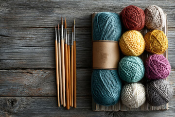 Crochet accessories and yarn are neatly arranged next to the brushes.