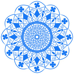 A beautiful, symmetrical mandala design in vibrant blue outlines on a pure white background.