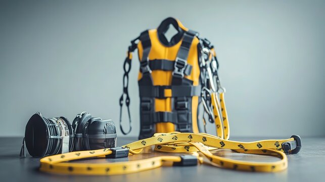 Safety harness and equipment showcased, emphasizing workplace safety and professional preparedness.
